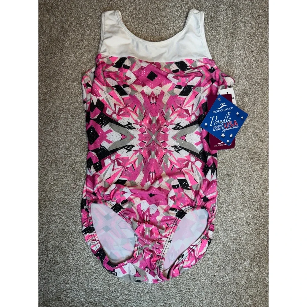 Motionwear Kids Leotard Pink Geometric Glitter Gymnastics Dance Size LC